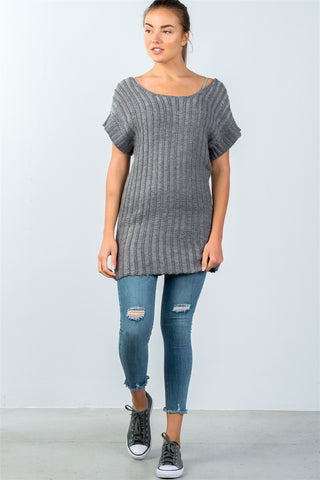 Ladies fashion scoop neckline short-sleeve open knit sweater