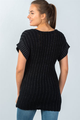 Ladies fashion scoop neckline short-sleeve open knit sweater