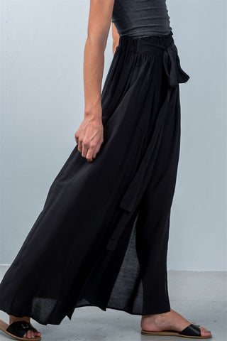 Ladies fashion black tie waist double slit maxi skirt