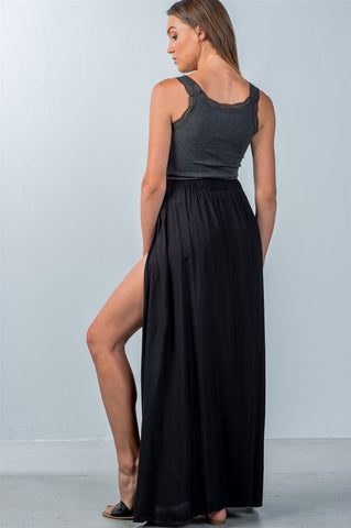 Ladies fashion black tie waist double slit maxi skirt