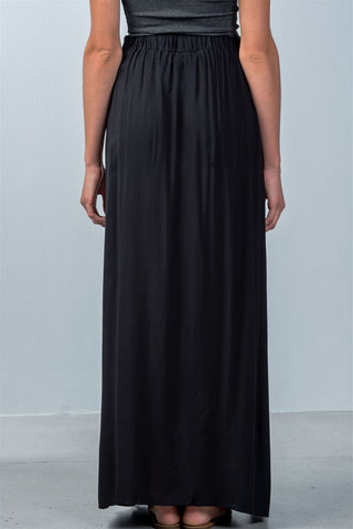 Ladies fashion black tie waist double slit maxi skirt