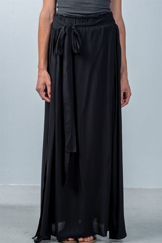 Ladies fashion black tie waist double slit maxi skirt