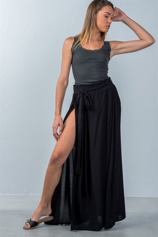 Ladies fashion black tie waist double slit maxi skirt
