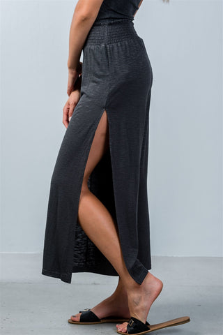 Ladies fashion elastic waistband side slit cropped pants