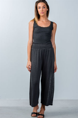 Ladies fashion elastic waistband side slit cropped pants