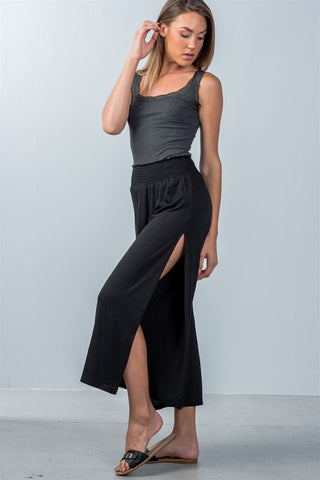 Ladies fashion elastic waistband side slit cropped pants