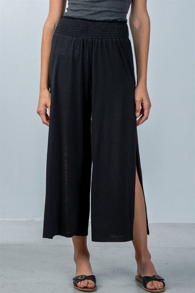 Ladies fashion elastic waistband side slit cropped pants