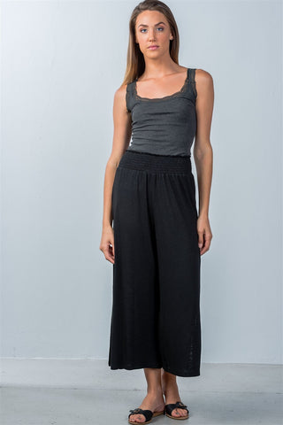 Ladies fashion elastic waistband side slit cropped pants