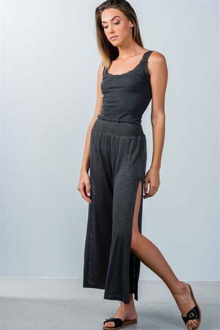 Ladies fashion elastic waistband side slit cropped pants