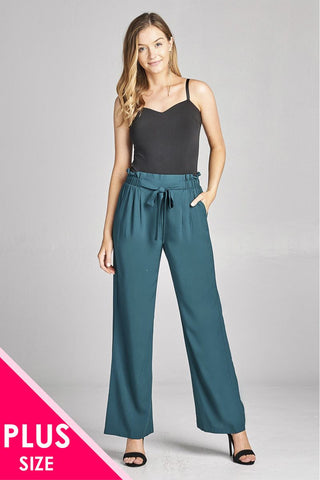 Ladies fashion plus size self ribbon detail long wide leg woven pants