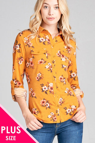 Ladies fashion plus size 3/4 roll up sleeve front pocket detail flower print stretch knit shirts