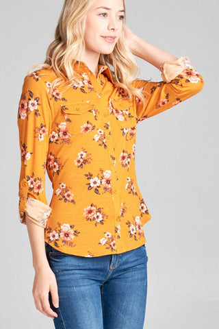 Ladies fashion plus size 3/4 roll up sleeve front pocket detail flower print stretch knit shirts