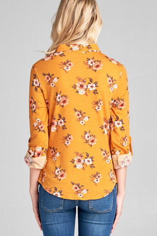 Ladies fashion plus size 3/4 roll up sleeve front pocket detail flower print stretch knit shirts