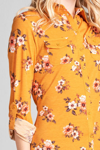 Ladies fashion plus size 3/4 roll up sleeve front pocket detail flower print stretch knit shirts