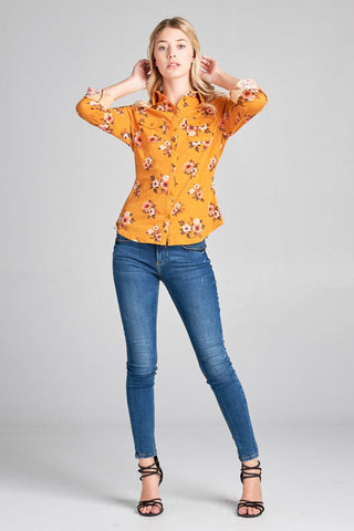 Ladies fashion plus size 3/4 roll up sleeve front pocket detail flower print stretch knit shirts