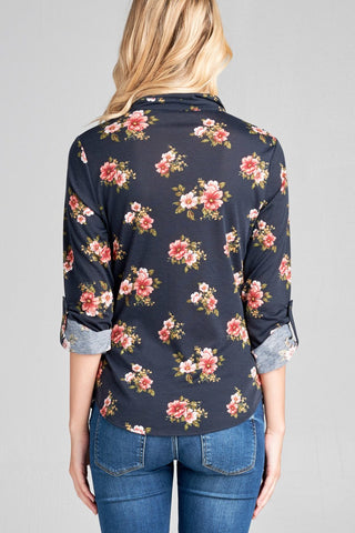 Ladies fashion plus size 3/4 roll up sleeve front pocket detail flower print stretch knit shirts