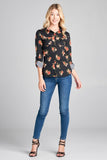Ladies fashion plus size 3/4 roll up sleeve front pocket detail flower print stretch knit shirts