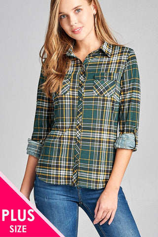 Ladies fashion plus size 3/4 roll up sleeve front pocket detail plaid check print stretch knit shirts