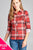 Ladies fashion plus size 3/4 roll up sleeve front pocket detail plaid check print stretch knit shirts