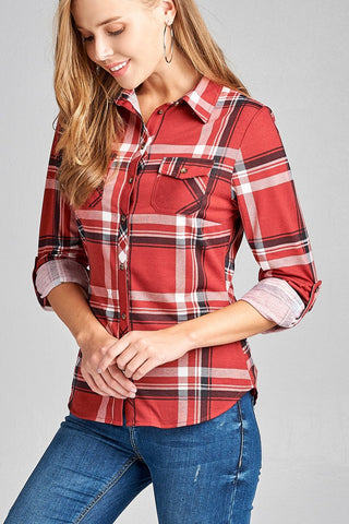 Ladies fashion plus size 3/4 roll up sleeve front pocket detail plaid check print stretch knit shirts