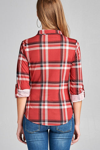 Ladies fashion plus size 3/4 roll up sleeve front pocket detail plaid check print stretch knit shirts