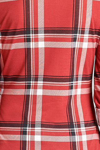 Ladies fashion plus size 3/4 roll up sleeve front pocket detail plaid check print stretch knit shirts