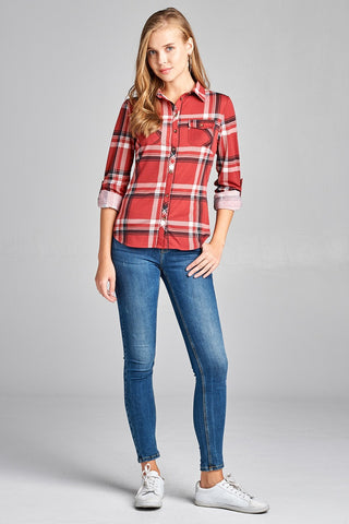 Ladies fashion plus size 3/4 roll up sleeve front pocket detail plaid check print stretch knit shirts