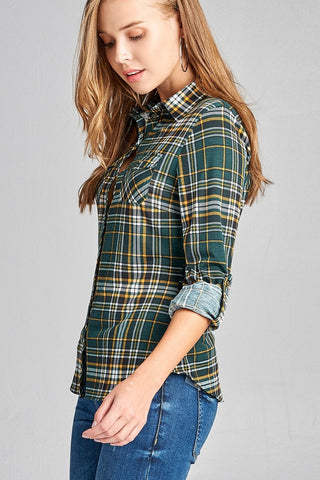 Ladies fashion plus size 3/4 roll up sleeve front pocket detail plaid check print stretch knit shirts