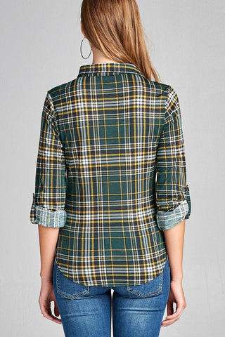 Ladies fashion plus size 3/4 roll up sleeve front pocket detail plaid check print stretch knit shirts