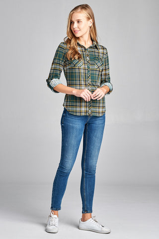 Ladies fashion plus size 3/4 roll up sleeve front pocket detail plaid check print stretch knit shirts