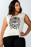 Ladies fashion plus size beige indian native skull front detail top