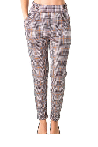 Ladies fashion casual plaid trouser pants, stretch, elastic waist, cuffed folded ankle & 2 front pockets