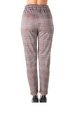 Ladies fashion casual plaid trouser pants, stretch, elastic waist, cuffed folded ankle & 2 front pockets