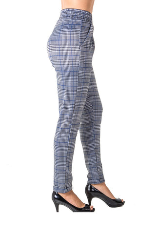 Ladies fashion casual plaid trouser pants, stretch, elastic waist, cuffed folded ankle & 2 front pockets