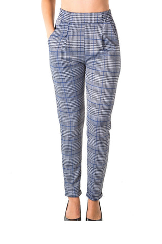 Ladies fashion casual plaid trouser pants, stretch, elastic waist, cuffed folded ankle & 2 front pockets