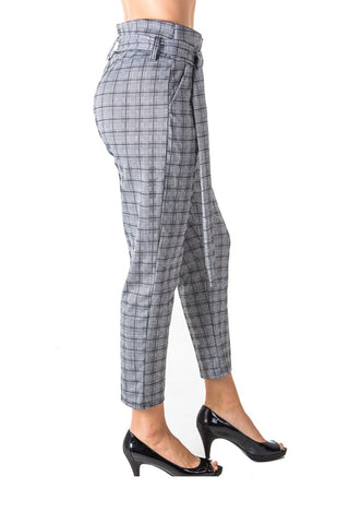 Ladies fashion casual belted plaid pants, stretch, wide & elastic high waist, 2 front pockets