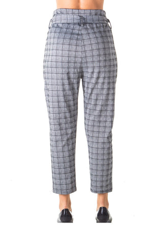 Ladies fashion casual belted plaid pants, stretch, wide & elastic high waist, 2 front pockets