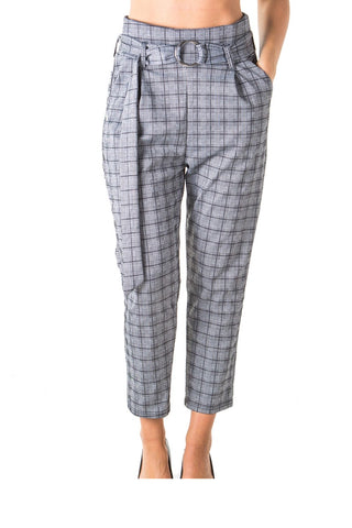 Ladies fashion casual belted plaid pants, stretch, wide & elastic high waist, 2 front pockets