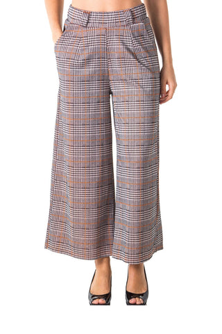 Ladies fashion casual plaid pants, high waist, wide leg & 2 front pockets