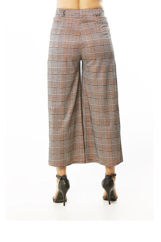 Ladies fashion casual plaid pants, high waist, wide leg & 2 front pockets