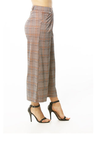 Ladies fashion casual plaid pants, high waist, wide leg & 2 front pockets