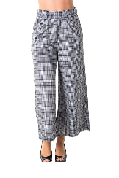 Ladies fashion casual plaid pants, high waist, wide leg & 2 front pockets
