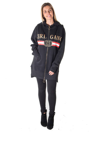 Ladies fashion fleece zip up sweatshirt oversize long hoodie outerwear jacket with applique