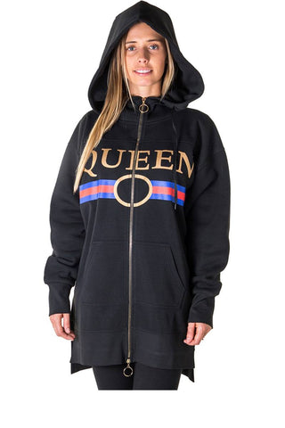 Ladies fashion fleece zip up sweatshirt oversize long hoodie outerwear jacket with applique