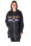 Ladies fashion fleece zip up sweatshirt oversize long hoodie outerwear jacket with applique