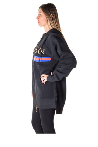 Ladies fashion fleece zip up sweatshirt oversize long hoodie outerwear jacket with applique