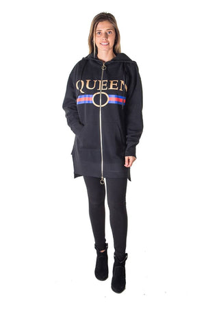 Ladies fashion fleece zip up sweatshirt oversize long hoodie outerwear jacket with applique