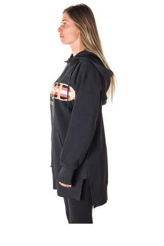 Ladies fashion fleece zip up sweatshirt oversize long hoodie outerwear jacket with applique
