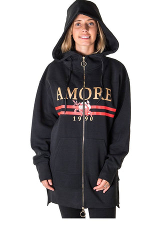 Ladies fashion fleece zip up sweatshirt oversize long hoodie outerwear jacket with applique