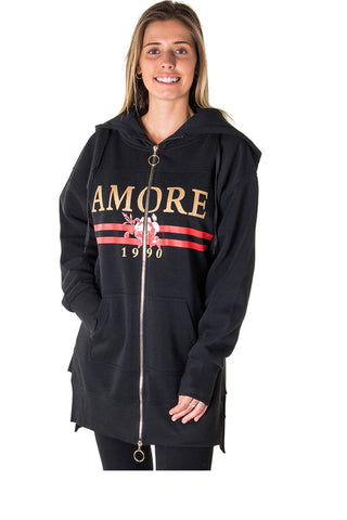 Ladies fashion fleece zip up sweatshirt oversize long hoodie outerwear jacket with applique